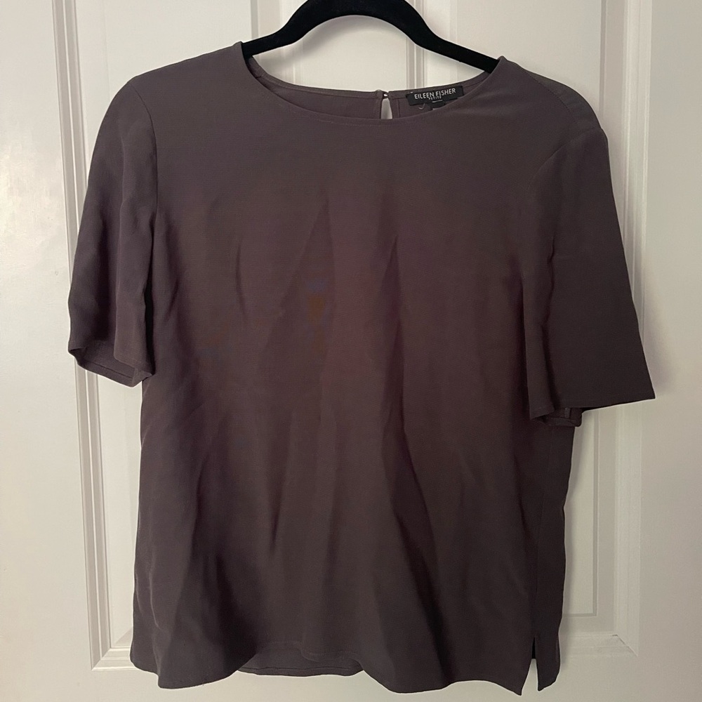 Eileen Fisher | Slate Grey | Chiffon T-Shirt | Button Accent on Back